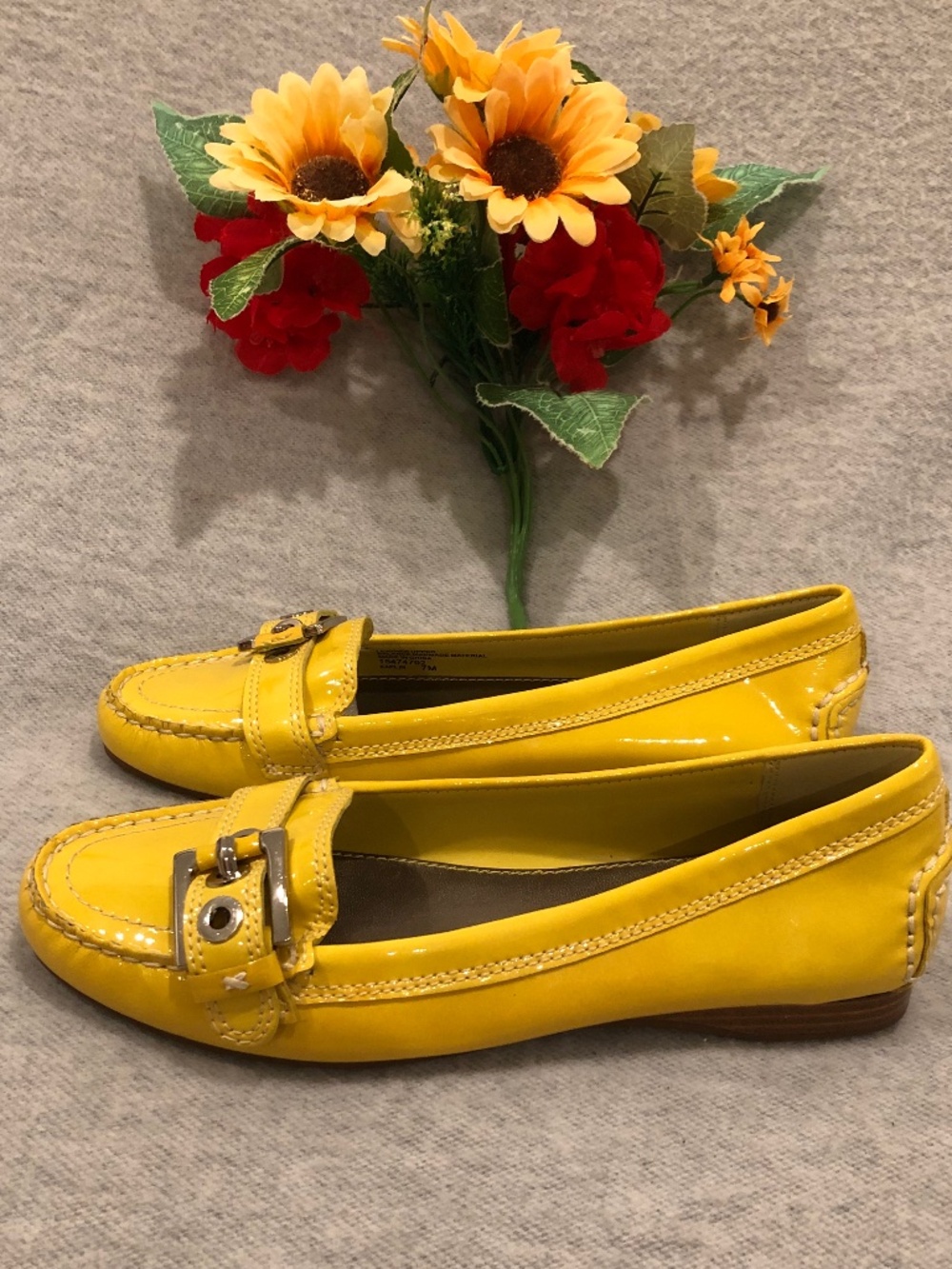 NWOT - Bright Yellow Patent Loafers with Front Vamp Buckle